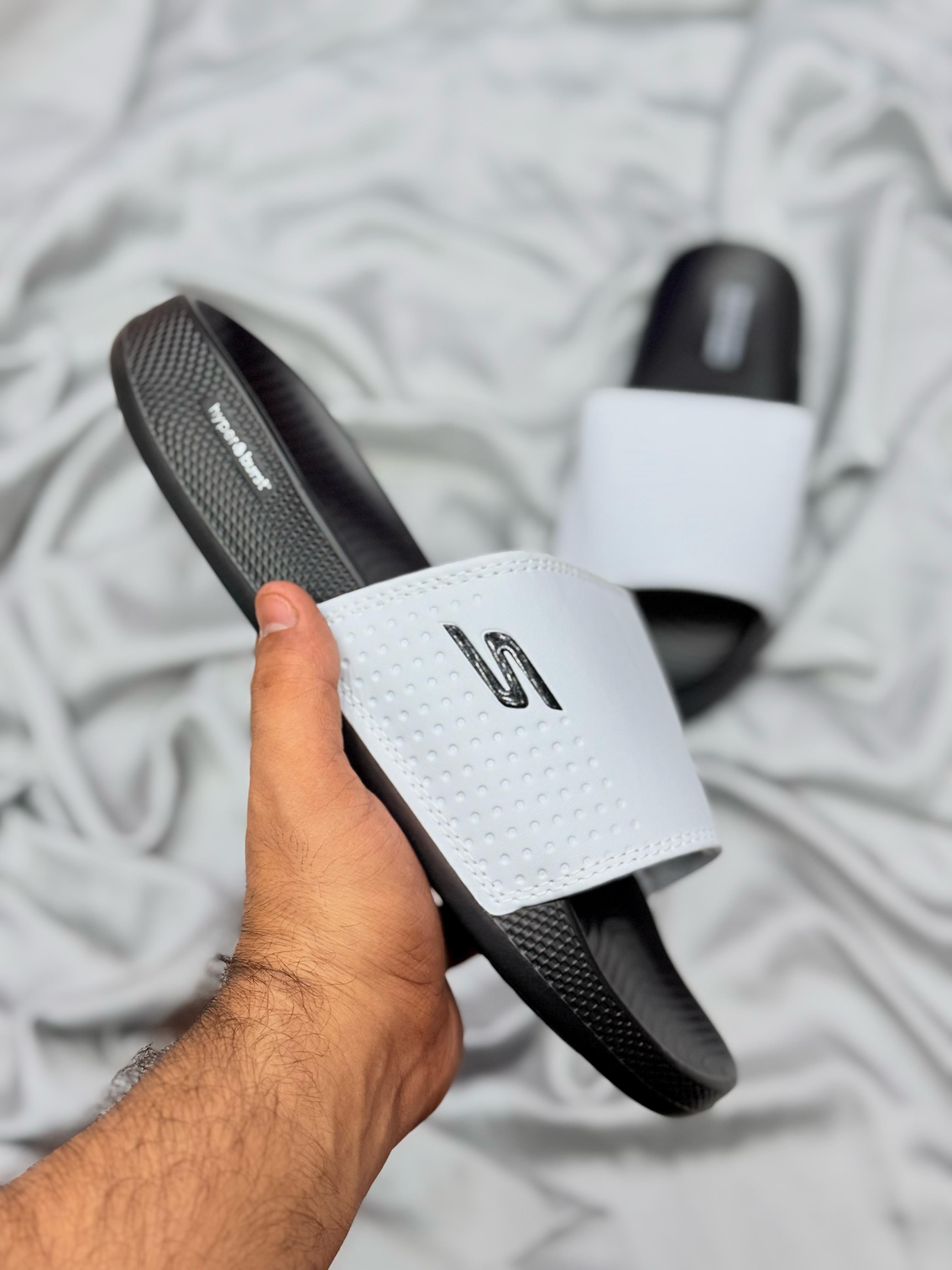 Skechers Premium Comfort Slides – White & Black