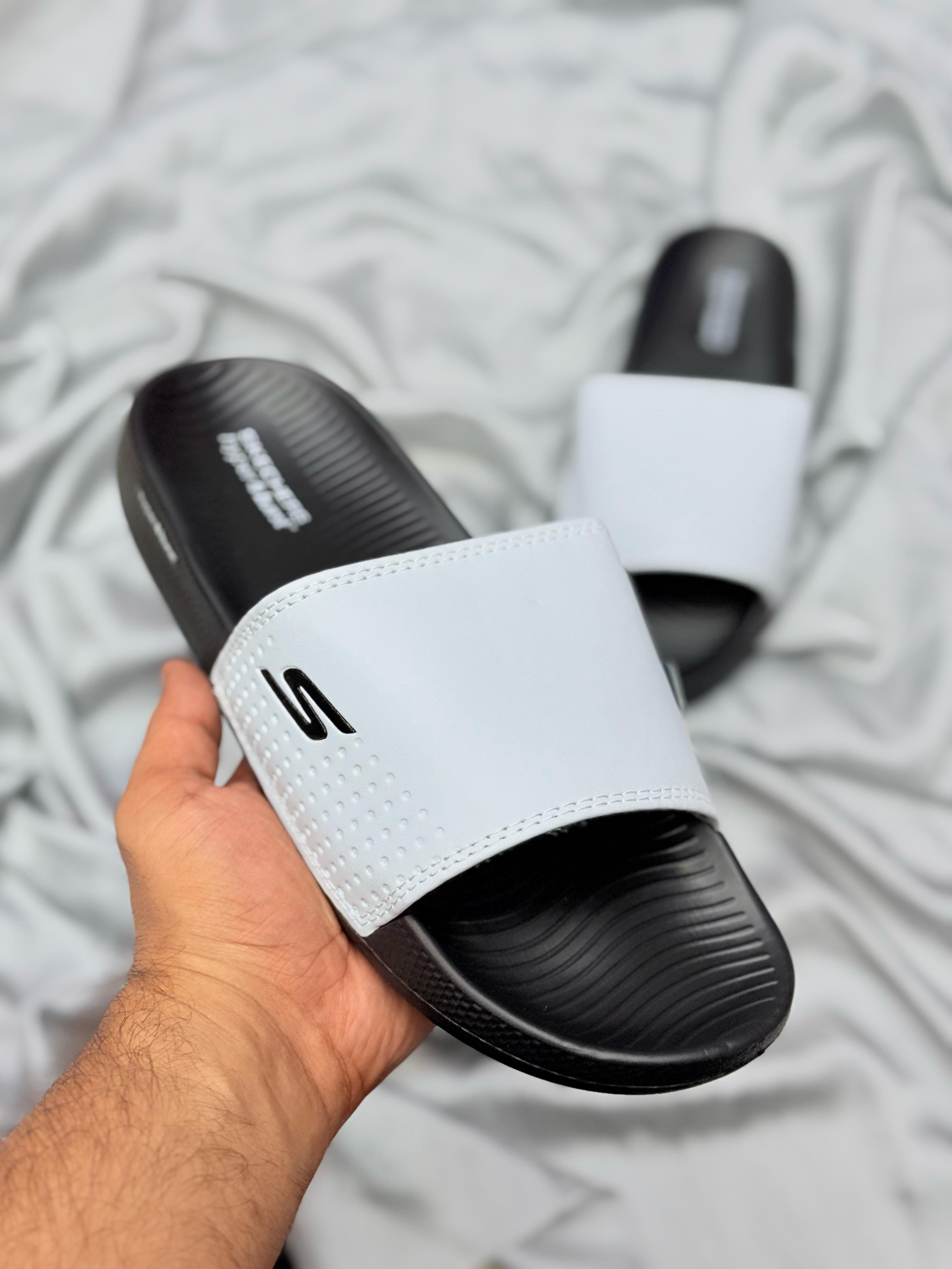 Skechers Premium Comfort Slides – White & Black