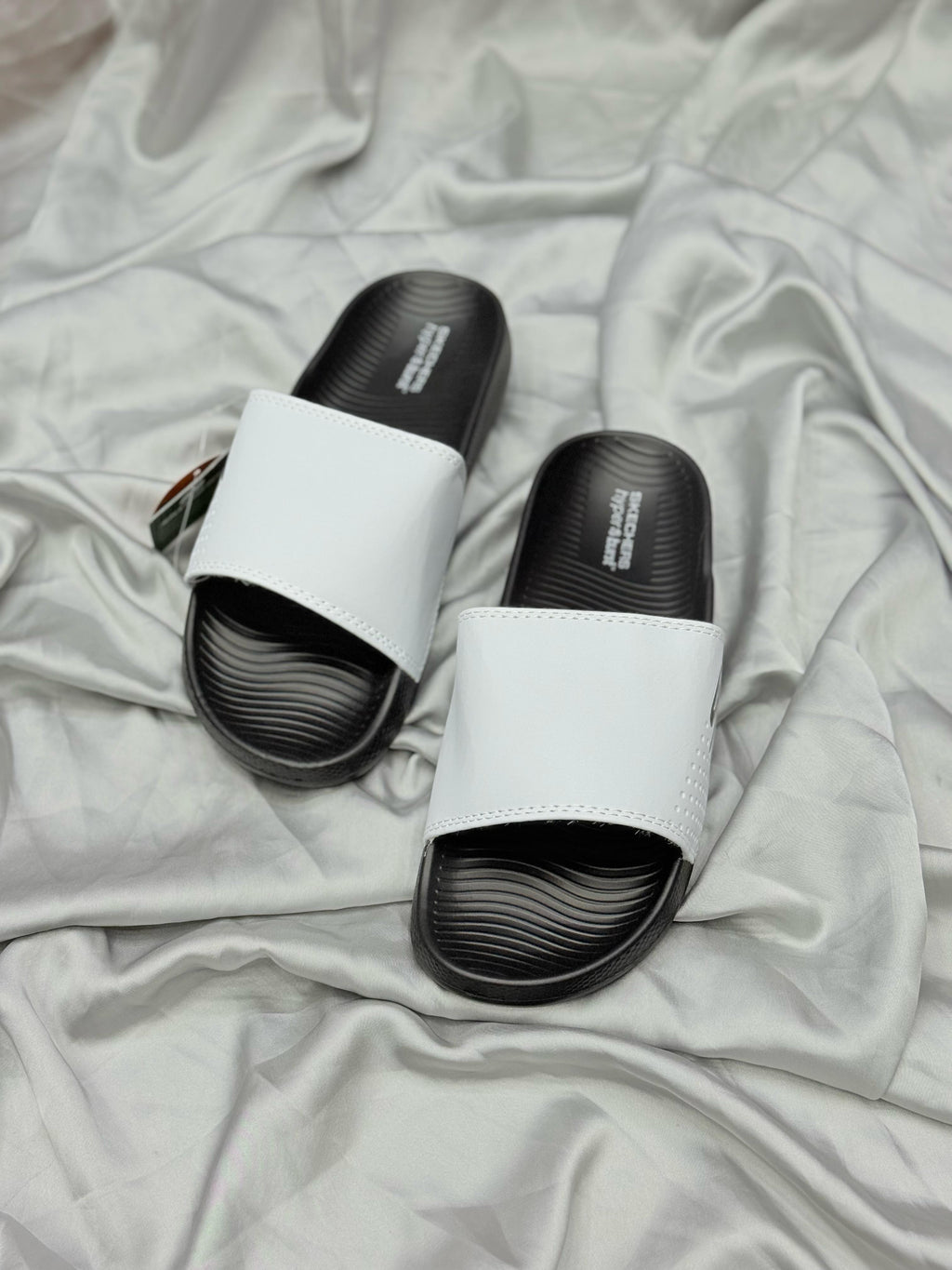 Skechers Premium Comfort Slides – White & Black