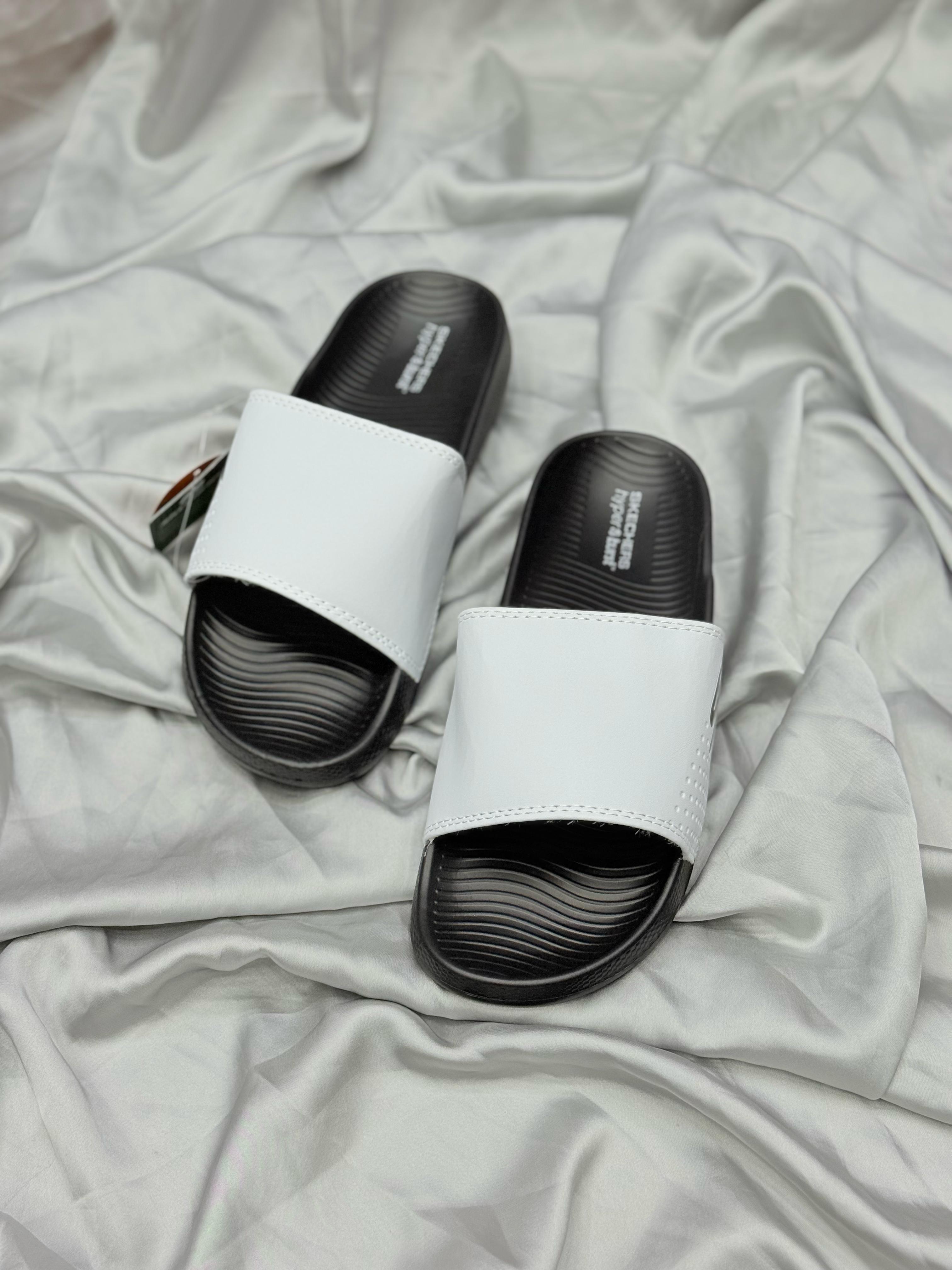 Skechers Premium Comfort Slides – White & Black