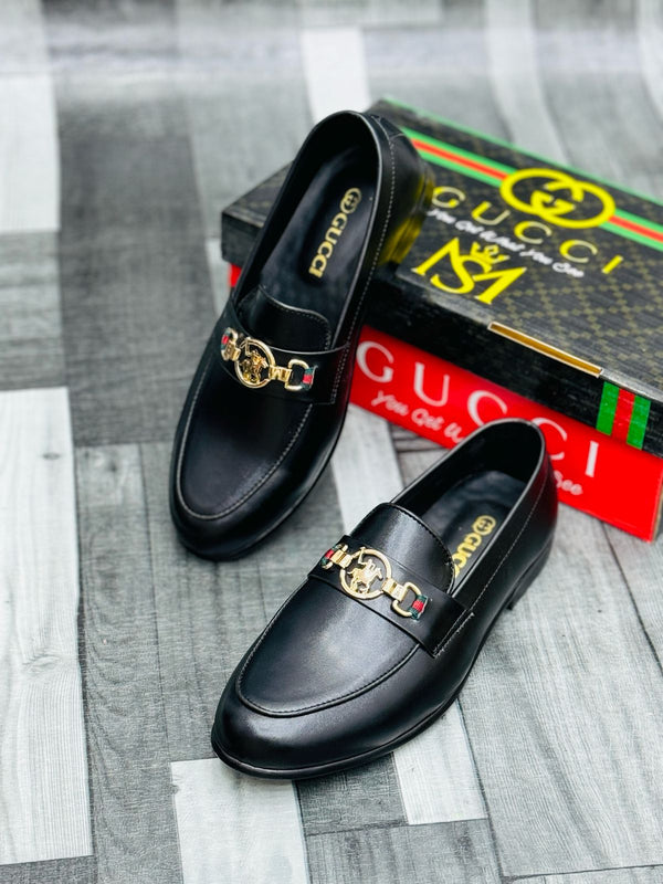 Black Leather Loafers with Gold Buckle – Premium Elegance