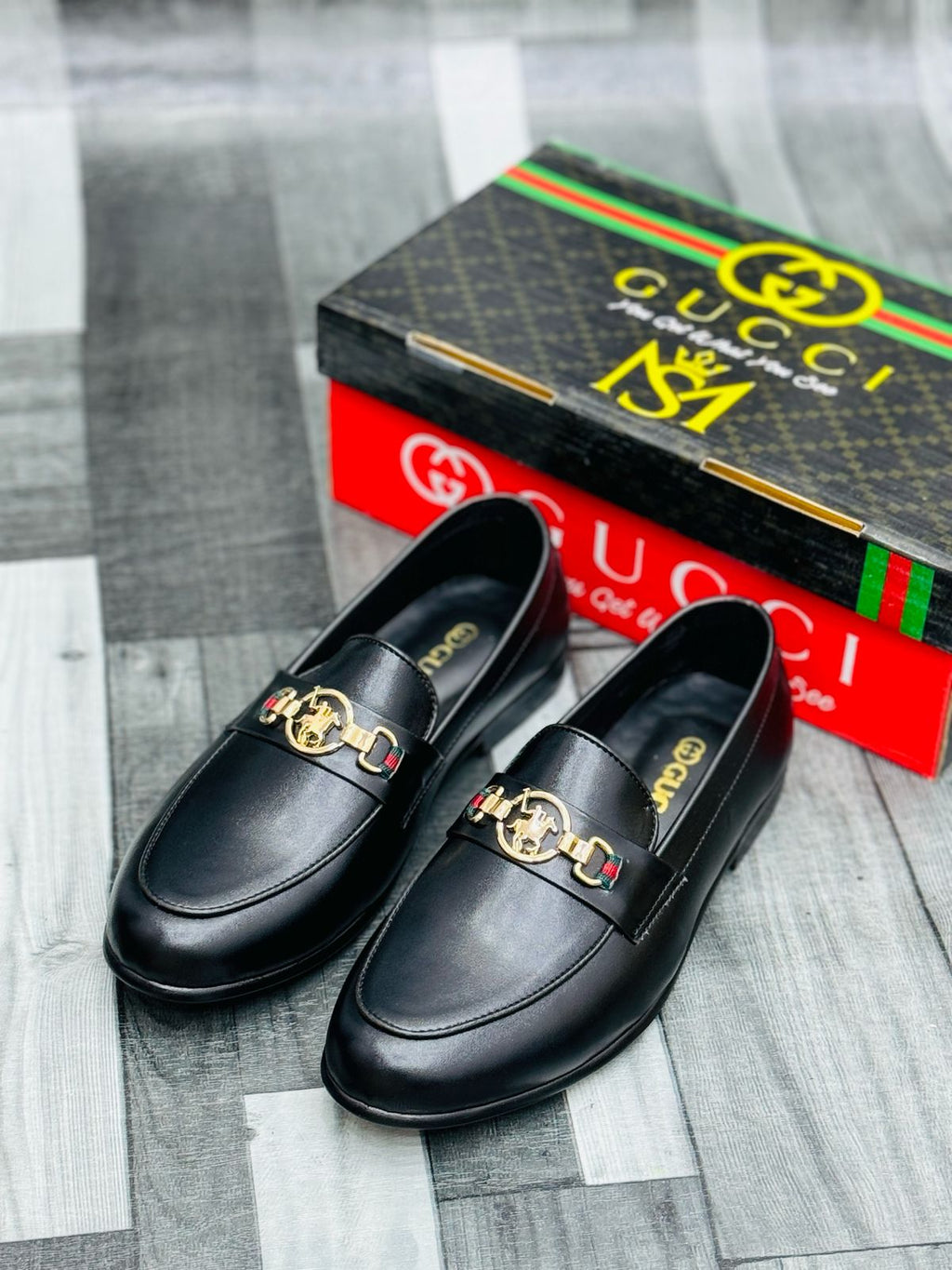 Black Leather Loafers with Gold Buckle – Premium Elegance
