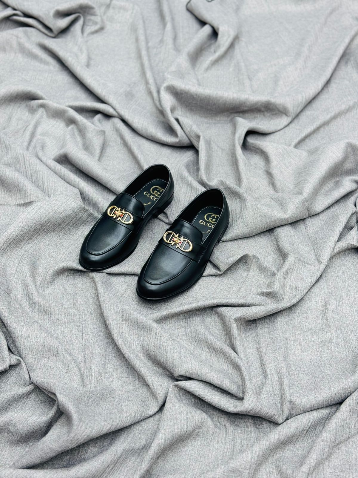 Luxury Black Leather Loafers with Gold Buckle – Premium Elegance