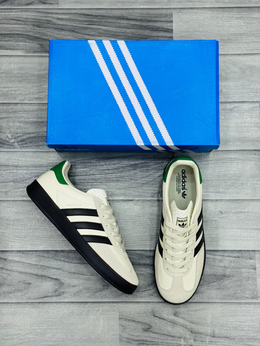 Adidas Gazelle White & Black Sneakers with Green Heel Tab