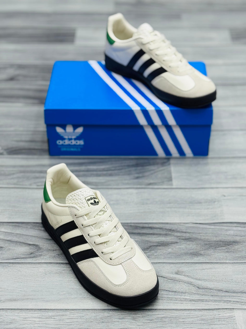 Adidas Gazelle White & Black Sneakers with Green Heel Tab