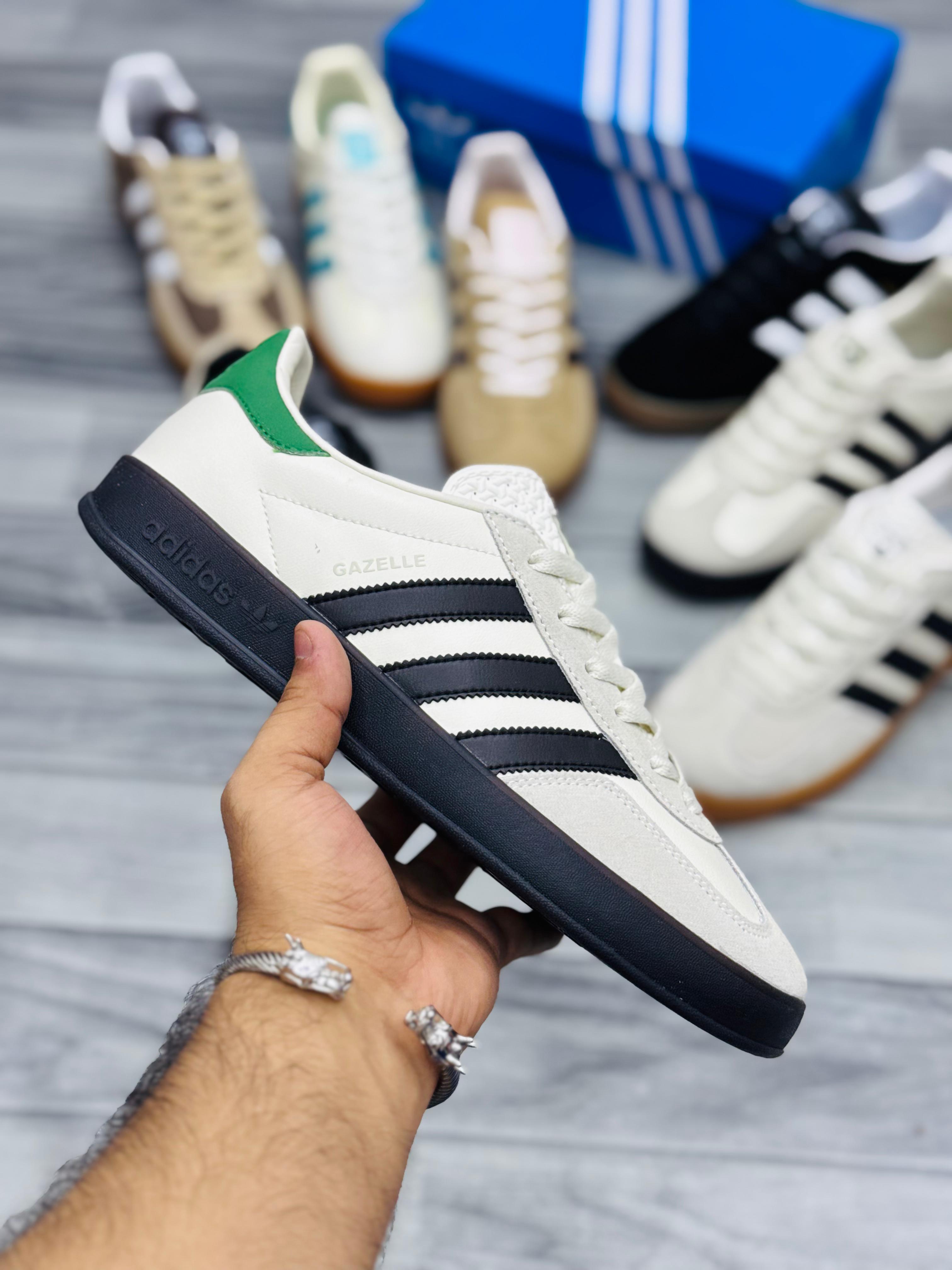 Adidas Gazelle White & Black Sneakers with Green Heel Tab