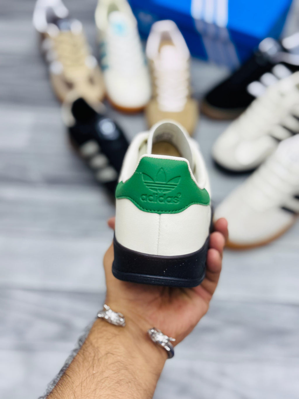 Adidas Gazelle White & Black Sneakers with Green Heel Tab