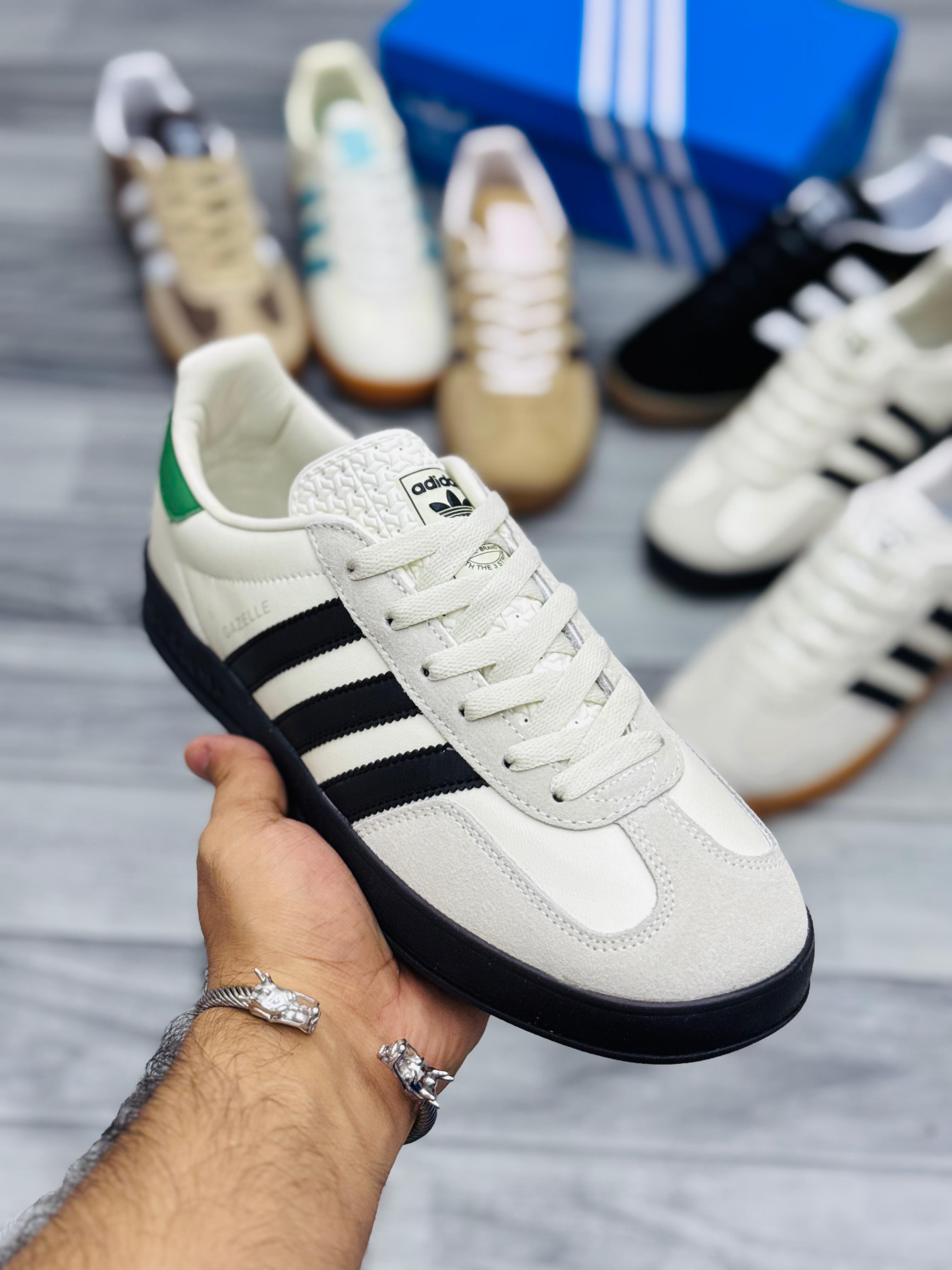 Adidas Gazelle White & Black Sneakers with Green Heel Tab
